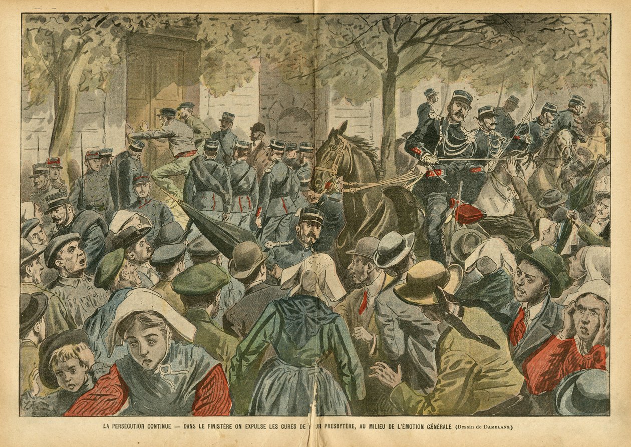 Illustration von Eugene Damblans (1865-1945) in Le Pelerin, 27/10/07 - Die Verfolgung geht weiter in Finistère, die Pfarrer werden aus ihrem Pfarrhaus vertrieben von Eugene Damblans