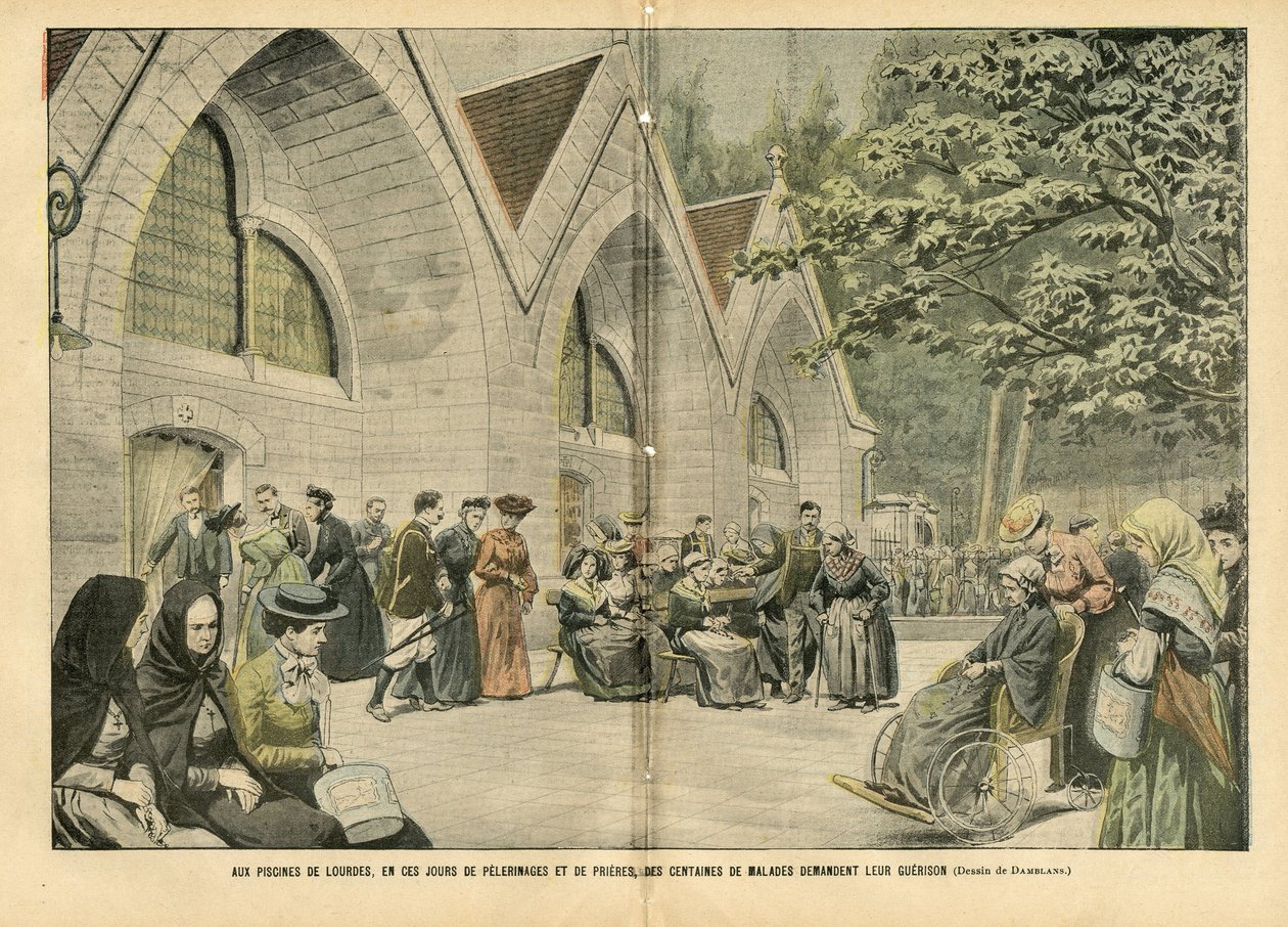 Illustration von Eugene Damblans (1865-1945) in Le Pelerin, 28/08/04 - An den Becken von Lourdes, in diesen Tagen der Wallfahrten und Gebete, bitten Hunderte von Patienten um ihren Krieg - Medizin, Religion Glaube, Architektur Stadtplanung, Katholisch von Eugene Damblans
