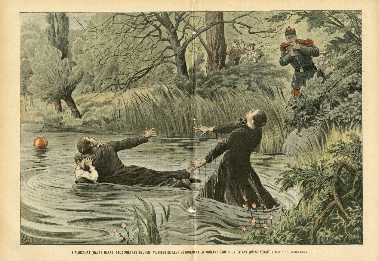 Illustration von Eugene Damblans (1865-1945) in Le Pelerin, 30/07/05 - In Riaucourt (Haute-Marne) sterben zwei Priester, die versuchen, ein ertrunkenes Kind zu retten von Eugene Damblans