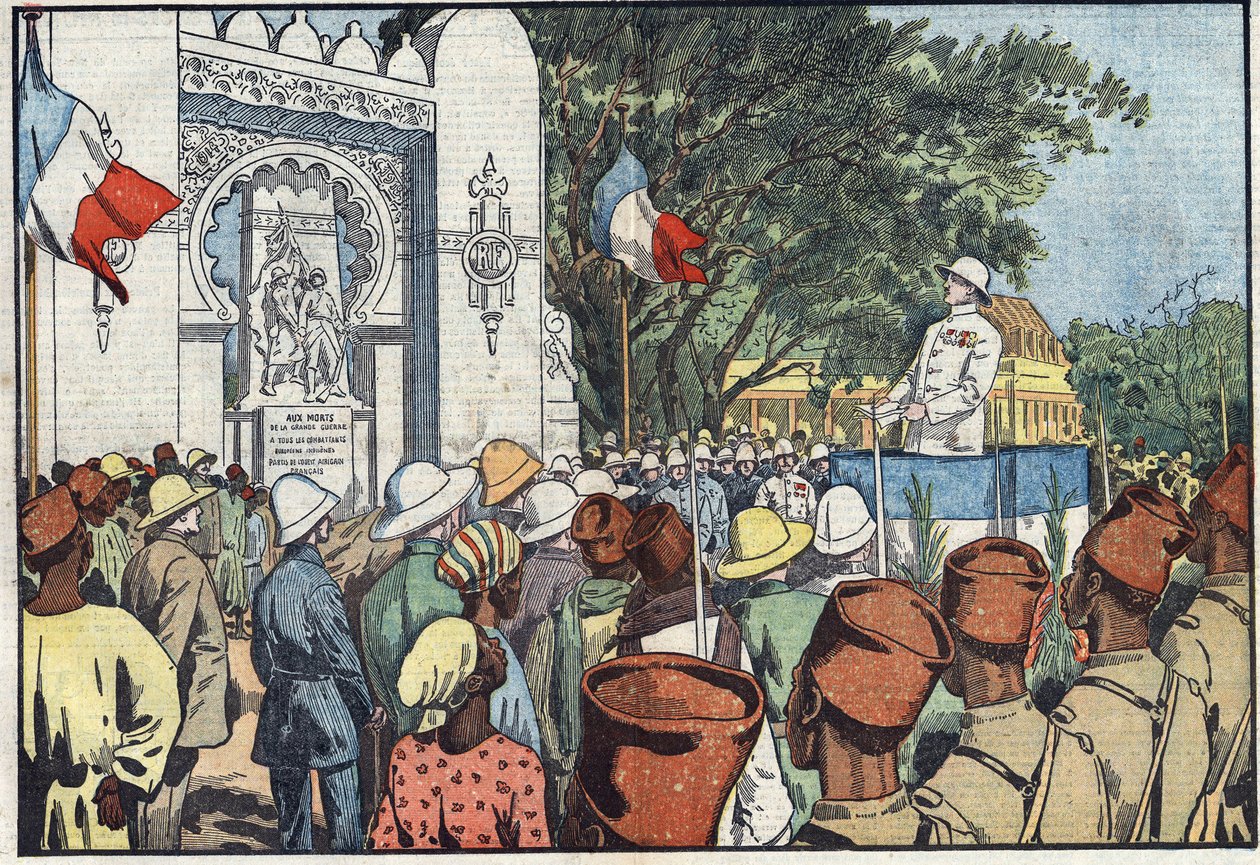 Einweihung in Dakar durch Andre Maginot (1877-1932), Minister der Kolonien, des Denkmals für die dreißigtausend Toten von Französisch-Westafrika. Illustration von Damblans. In „Le Pelerin“ vom 10. März von Eugene Damblans