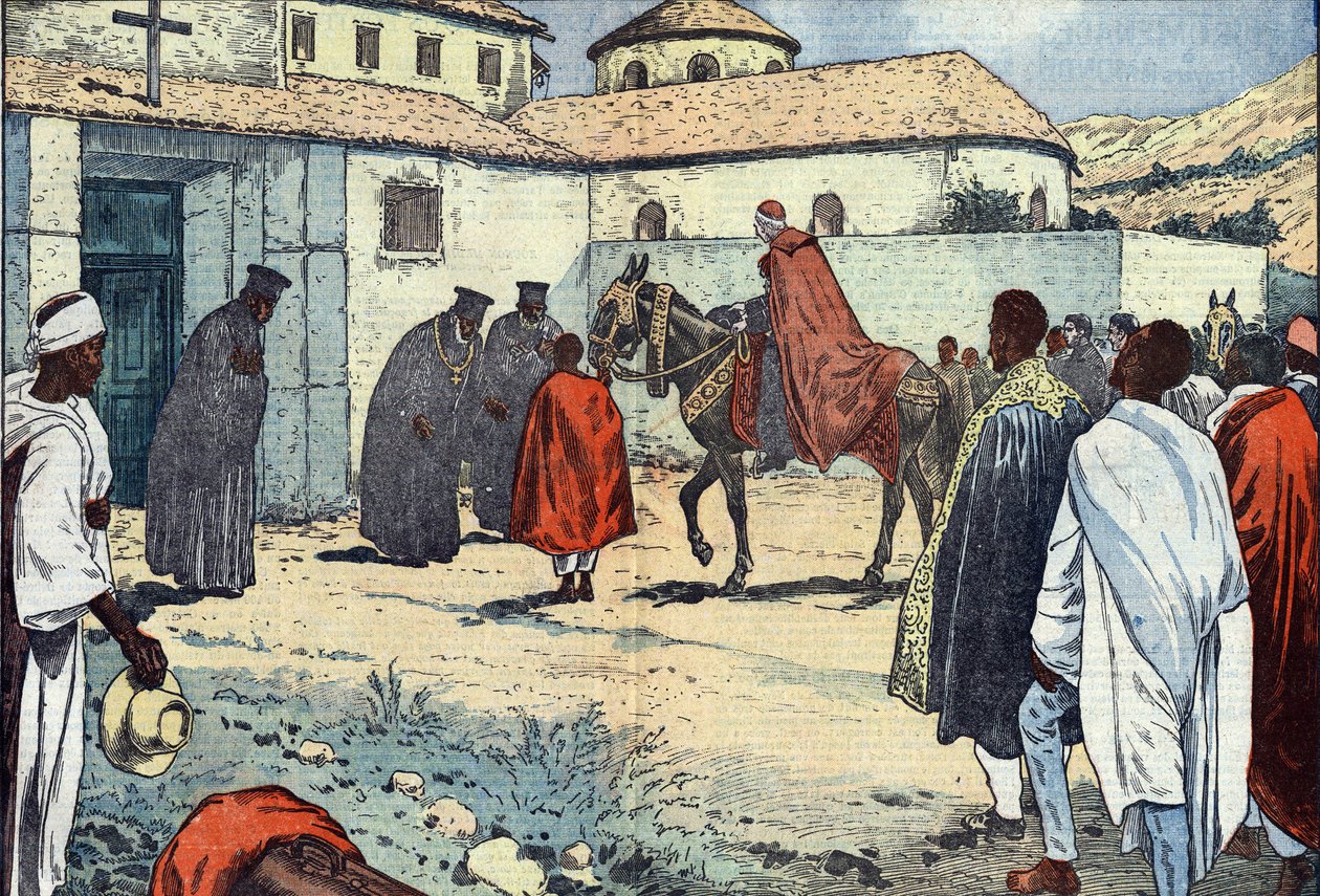 Monsignore Lepicier vom Orden der Diener Mariens, Erzbischof von Tarsus, wurde im koptischen Kloster Debre-Bizen anlässlich eines apostolischen Besuchs in Abessinien (Äthiopien) empfangen. Illustration von Damblans. In „Le Pelerin“ vom 21. August von Eugene Damblans