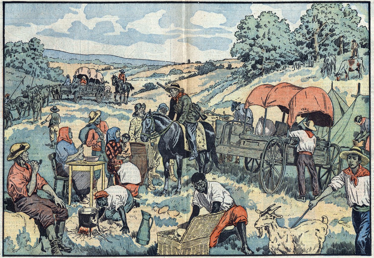 Bevölkerungsmigration in Afrika: 2000 Buren verlassen die portugiesische Kolonie Angola mit Wagen in die fruchtbareren Regionen Südafrikas. Illustration von Damblans in „Le Pelerin“ vom 30. September von Eugene Damblans