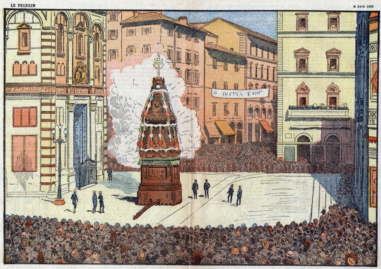 Scoppio del Carro (Explosion des Wagens) Volksereignis der Stadt Florenz - Illustration von Damlans vom April 1928 von Eugene Damblans
