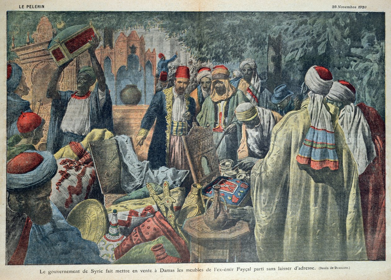 Der Verkauf der Waren des Emirs Faisal (1883-1923) durch die syrische Regierung in Damaskus, Illustration aus der Zeitschrift 