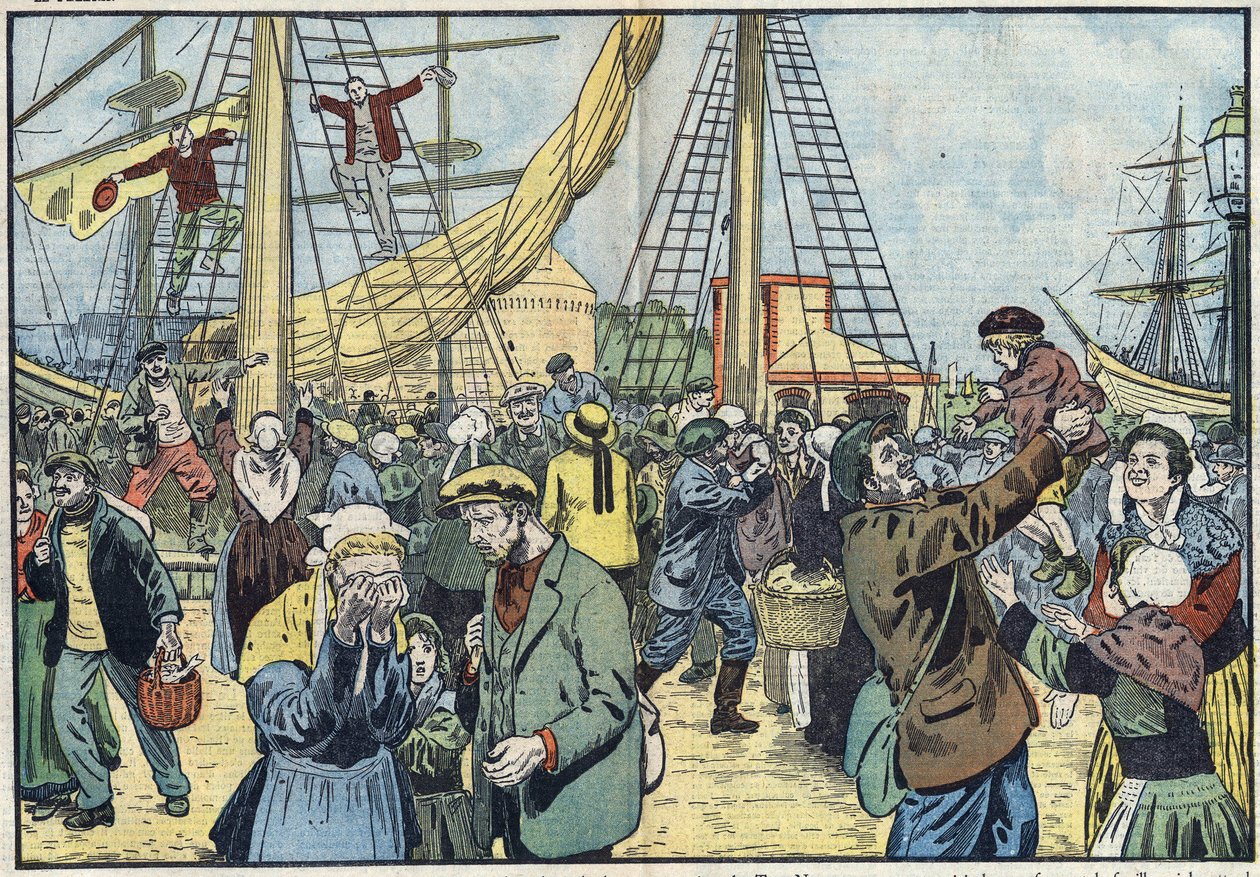 Die Rückkehr des Kabeljaus nach Saint-Malo: Die Terres-Neuvas fischten und trafen sich mit ihren Familien. Illustration von Damblans. In „Le Pelerin“ vom 7. Oktober von Eugene Damblans