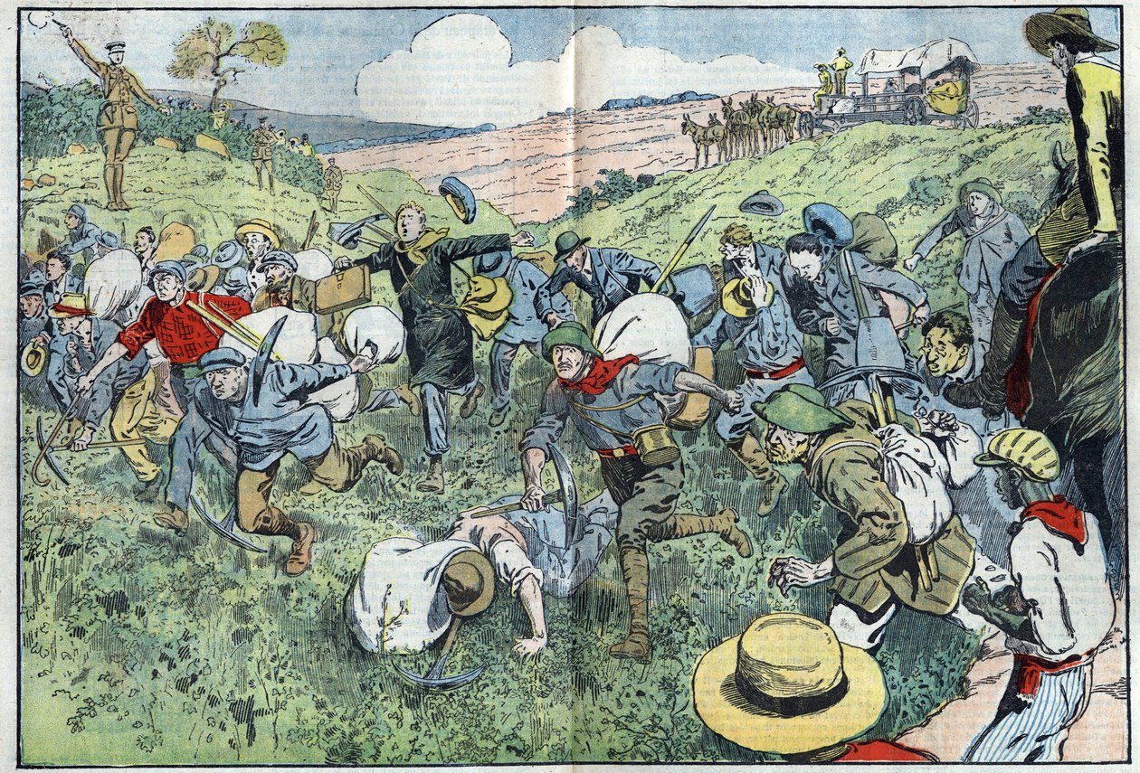 Das Diamantenrennen (Südafrika): ein Rennen, um zu entscheiden, wer die Diamantenfelder in der Nähe des Vorkommens besetzen wird. Illustration von Damblans in „Le Pelerin“ vom 3. August von Eugene Damblans