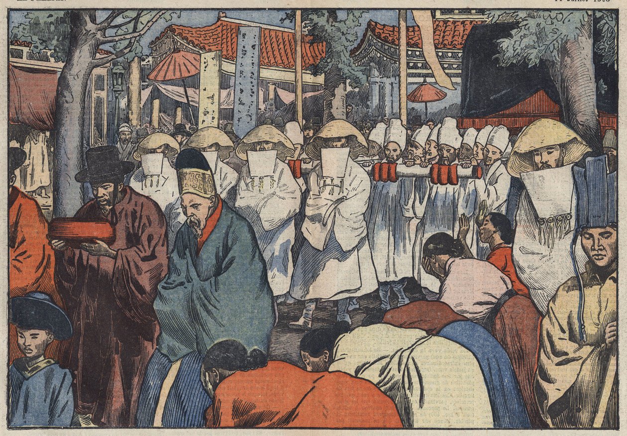Die Beerdigung des ehemaligen Kaisers von Korea, Prinz Yi. Man sieht den Katafalk am Tor des Palastes in Seoul, während die Aigos oder „Koreanischen Trauernden“ den Tod des Prinzen beklagen. Seoul, Korea. Illustration von Damblans. In „Le Pelerin“ vom Juli von Eugene Damblans