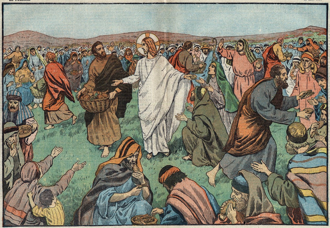 Die Brotvermehrung: am Ufer des Sees Tiberias sättigt Jesus Christus (Jesus Christus) die Bevölkerung, indem er fünf Gerstenbrote und zwei Fische vermehrt. Illustration von Damblans. In „Le Pelerin“ vom 18. März von Eugene Damblans
