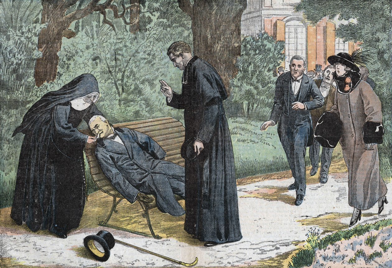 Théophile Delcassé (1852-1923), ein französischer Politiker, starb 1923 an einer Embolie im Garten des Bischofssitzes in Nizza. Zeichnung von Damblans von Eugene Damblans