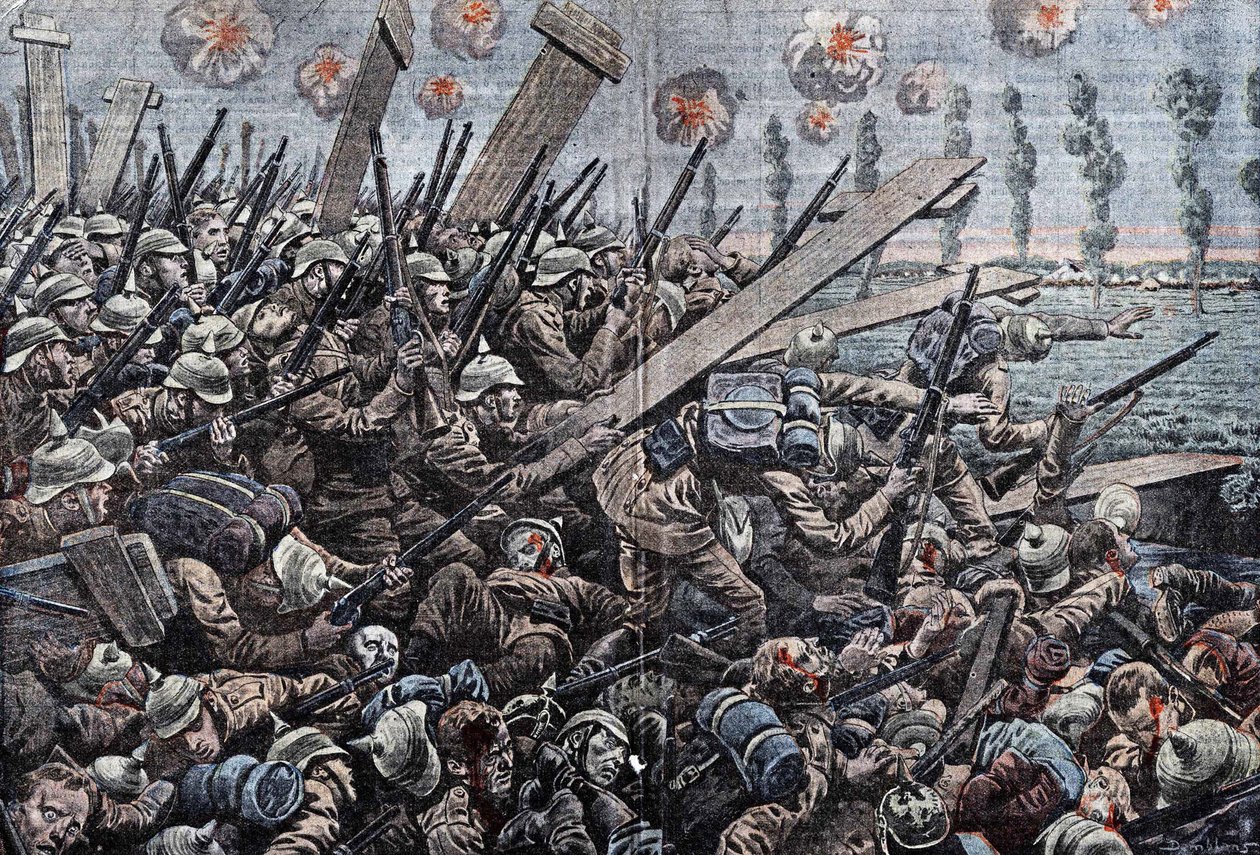 Krieg 1914-1918. Front von Belgien 1914. Deutsche Soldaten an der Yser. Zeichnung von Damblans. von Eugene Damblans