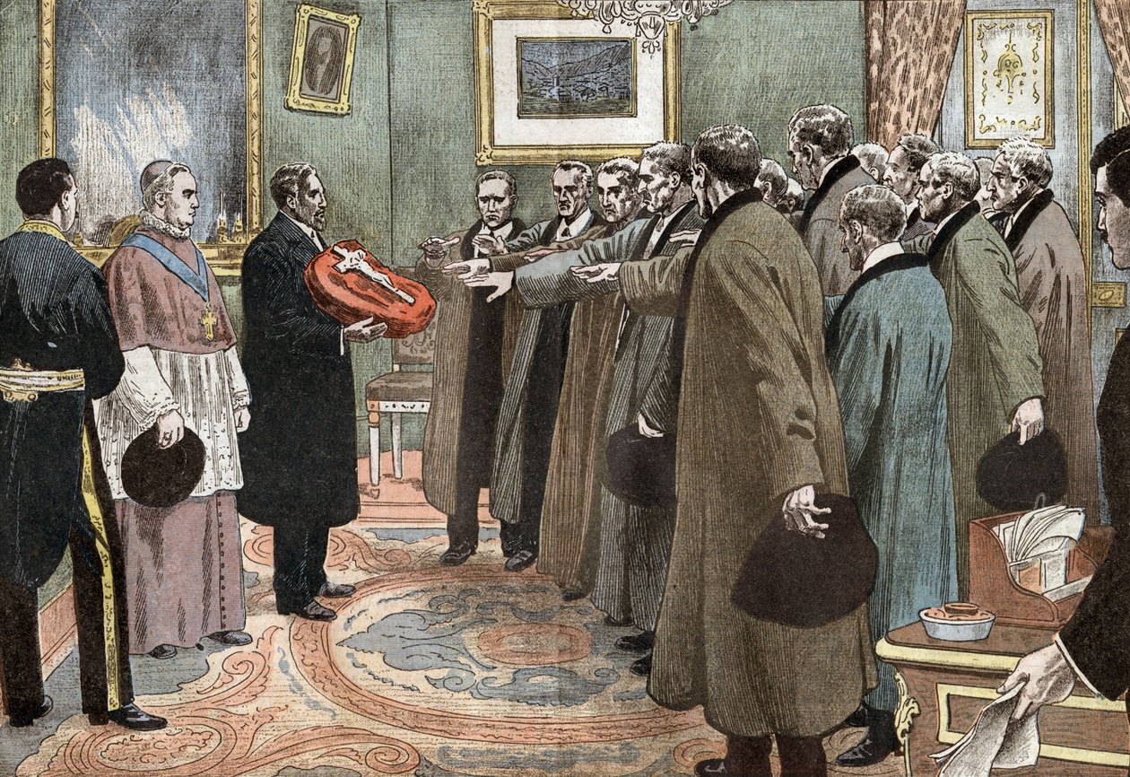 Delegierte der Republik Andorra mit dem Bischof von Urgel, die den Treueeid gegenüber Frankreich ablegen, Illustration von Damblans aus der Zeitung "Le Pelerin" 3. Mai von Eugene Damblans