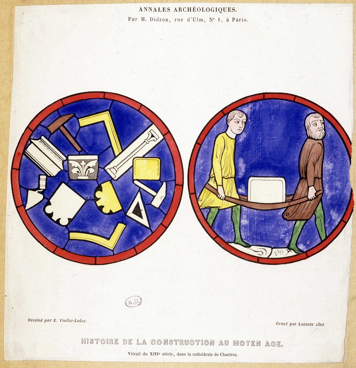 Geschichte des Baus im Mittelalter: Faksimile von Glasfenstern aus dem 13. Jahrhundert, in der Kathedrale von Chartres - Zeichnung von Eugene Viollet-le-Duc (Viollet le Duc) (1814-1879) und mit mehreren maurerischen Symbolen von Eugene Emmanuel (after) Viollet le Duc