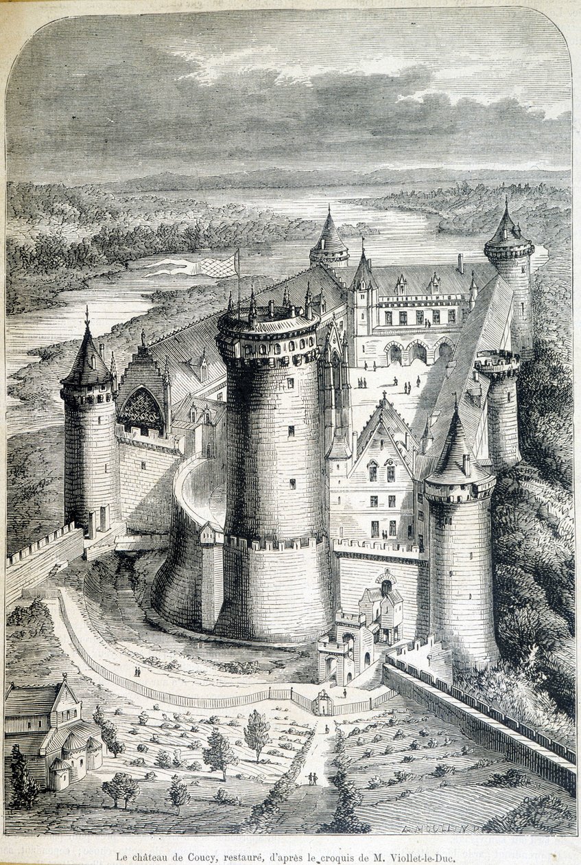 Das Schloss von Coucy, restauriert - Gravur nach der Skizze von Eugène Viollet-le-Duc - „Le Monde illustré“ vom 08.05.1858 von Eugene Emmanuel (after) Viollet le Duc