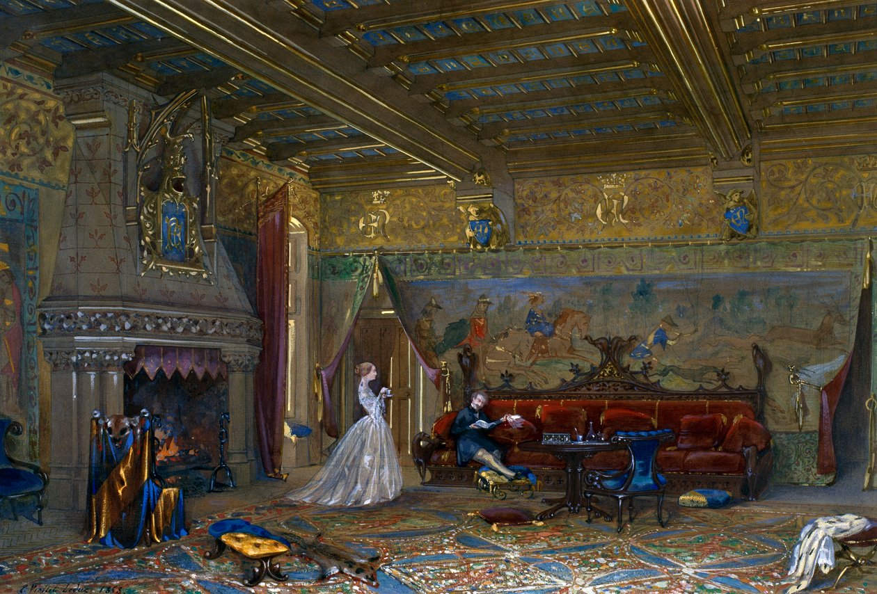 Entwurf eines gotischen Saals für das Schloss Pierrefonds, mit dem Kaiser und der Kaiserin von Eugene Emmanuel Viollet le Duc