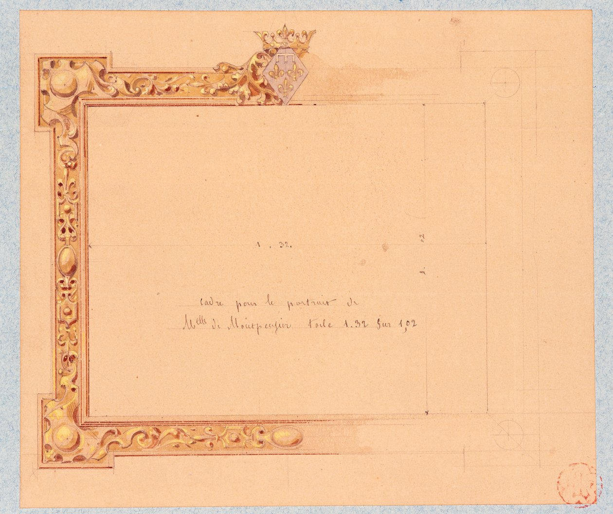 Entwurf des Gesimses für das Porträt von Mademoiselle de Montpensier, von Eugene Emmanuel Viollet-Le-Duc, Aquarellzeichnung von Eugene Emmanuel Viollet le Duc