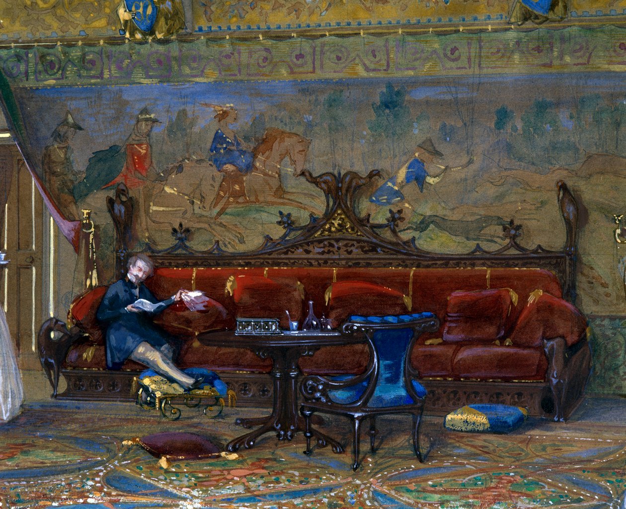 Entwurf eines gotischen Saals für das Schloss Pierrefonds, mit dem Kaiser und der Kaiserin von Eugene Emmanuel Viollet le Duc