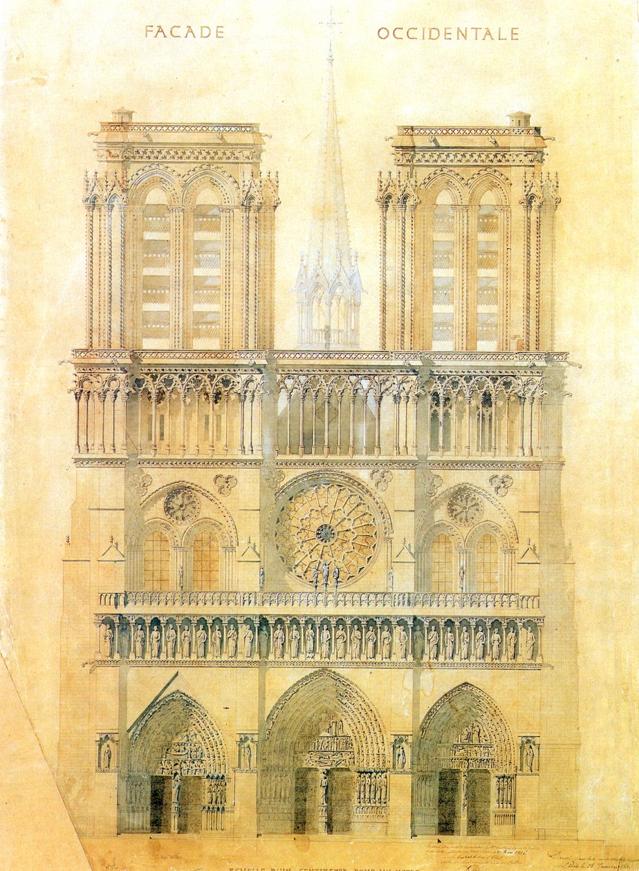 Projekt zur Restaurierung der Westfassade der Kathedrale Notre Dame in Paris mit Rekonstruktion des Turms am Kreuzungspunkt, 1843 von Eugene Emmanuel Viollet le Duc