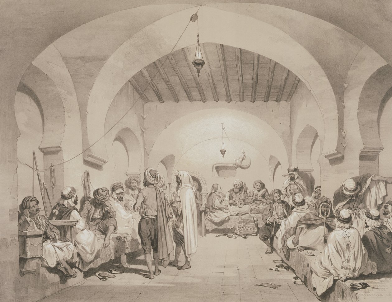 Café du Divan, Algier, aus einem Band zur Erinnerung an die französische Expeditionsarmee, die Algier 1830 eroberte, graviert von Adolphe Jean-Baptiste Bayot (1810-66) von Eugene Flandin