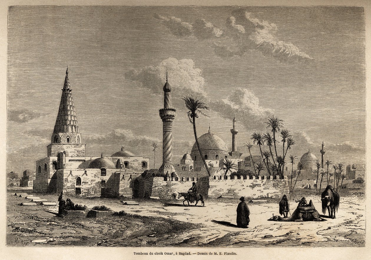 Das Grab von Scheich Omar in Bagdad, Zeichnung von Eugene Flandin (1809-1876), zur Illustration seiner Reise nach Mesopotamien in den Jahren 1840-1842. Gravur in „Le tour du monde“ 1861. Sammlung Selva von Eugene Flandin