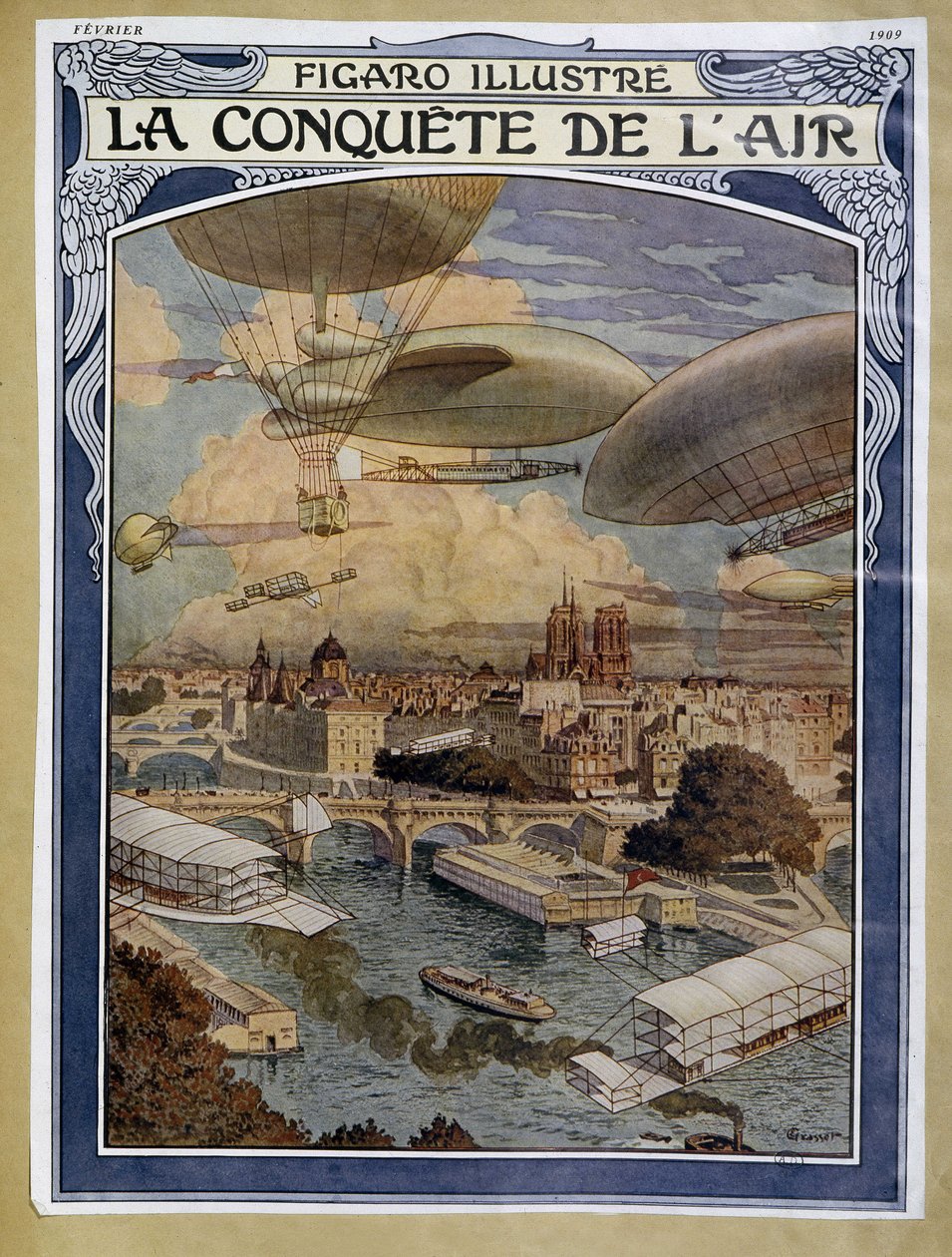 Luft Eroberung: Luftschiff, Ballon und Heißluftballon über Paris - Titelbild in „Figaro Illustré“ vom Februar 1909 von Eugene Grasset