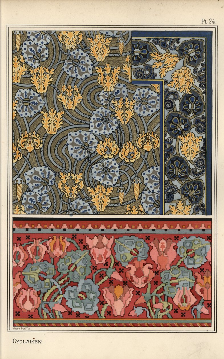 Cyclamen persicum Pflanze als Motiv in Entwürfen für Wandteppiche, Stoffe und Tapeten. Lithographie von Anna Martin von Eugene Grasset