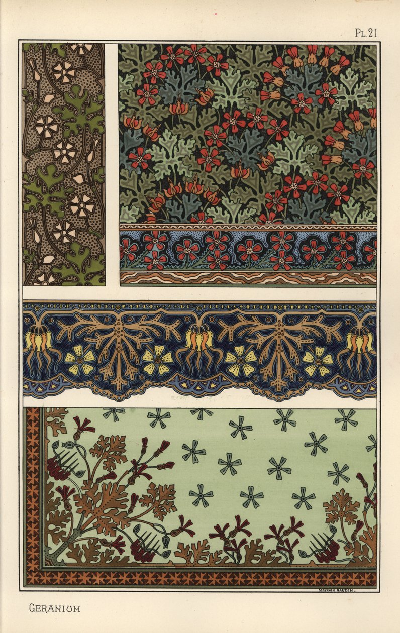 Geranienmotiv in Tapeten-, Rand- und Stoffmustern von Eugene Grasset