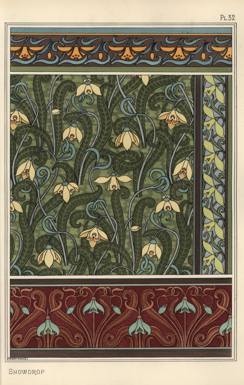 Schneeglöckchen, Galanthus nivalis, als Designmotiv in Tapeten, Rändern und Stoffen von Eugene Grasset