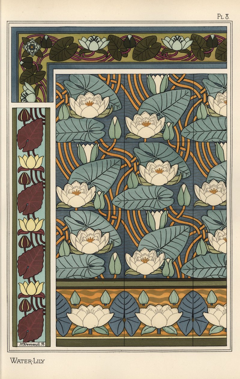 Die Seerose, Nelumbo lutea, in Tapeten- und Fliesenmustern von Eugene Grasset