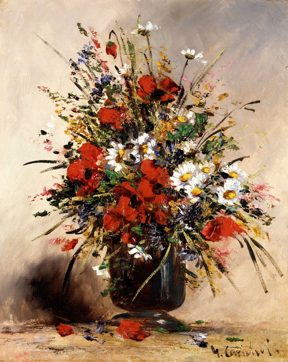 Wilde Blumen in einer Vase (Feldblumen). Gemälde von Eugene Henri Cauchois (1850-1911 Französisch) Privatsammlung von Eugene Henri Cauchois
