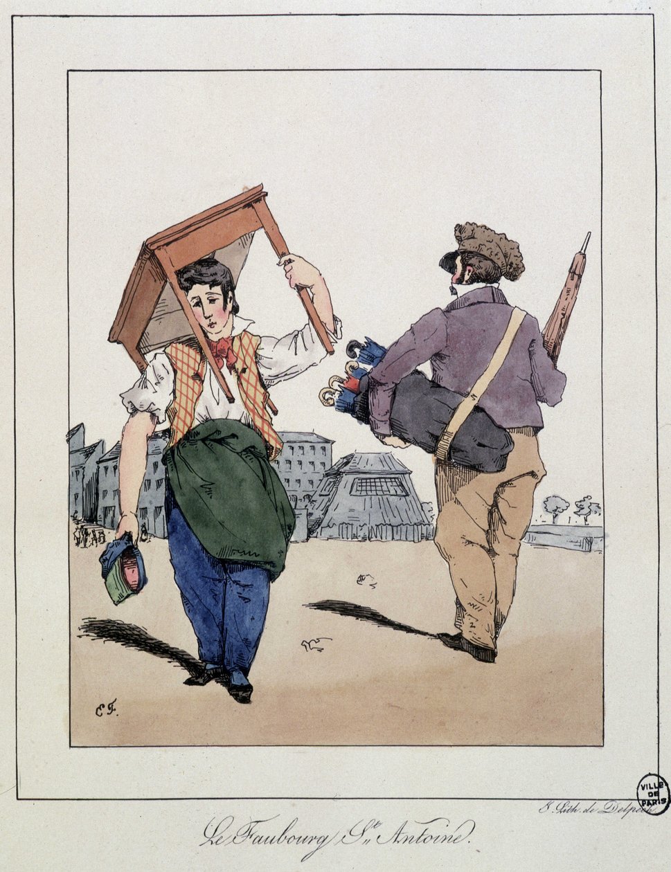 Das Faubourg St. Antoine: Möbelreparateur und Spazierstockhändler - in „Erinnerungen eines Müßiggängers“ von Eugène Forest, ed. Delpech, Paris, um 1830 von Eugene Hippolyte Forest