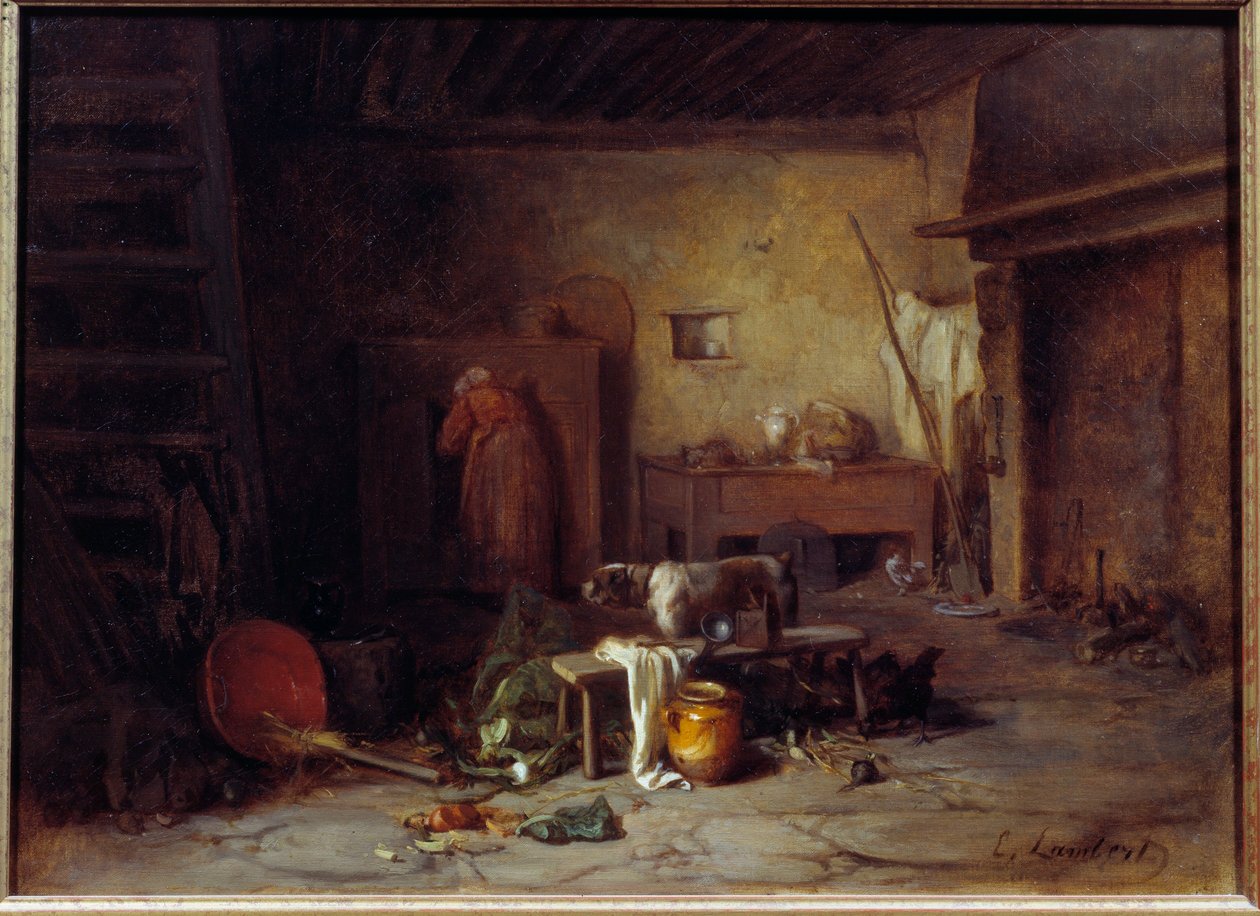 Kücheninterieur in Nohant Küche des Hauses von George Sand (Aurore Dupin, Baronne Dudevant) (1804-1876) (?). Gemälde von Eugene Lambert (1825-1900) 19. Jahrhundert Paris, Museum der Romantik von Eugene Lambert