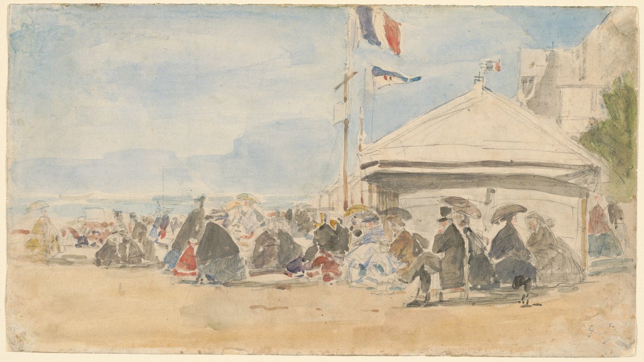 Strandhaus mit Fahnen in Trouville, ca. 1865 von Eugene Louis Boudin