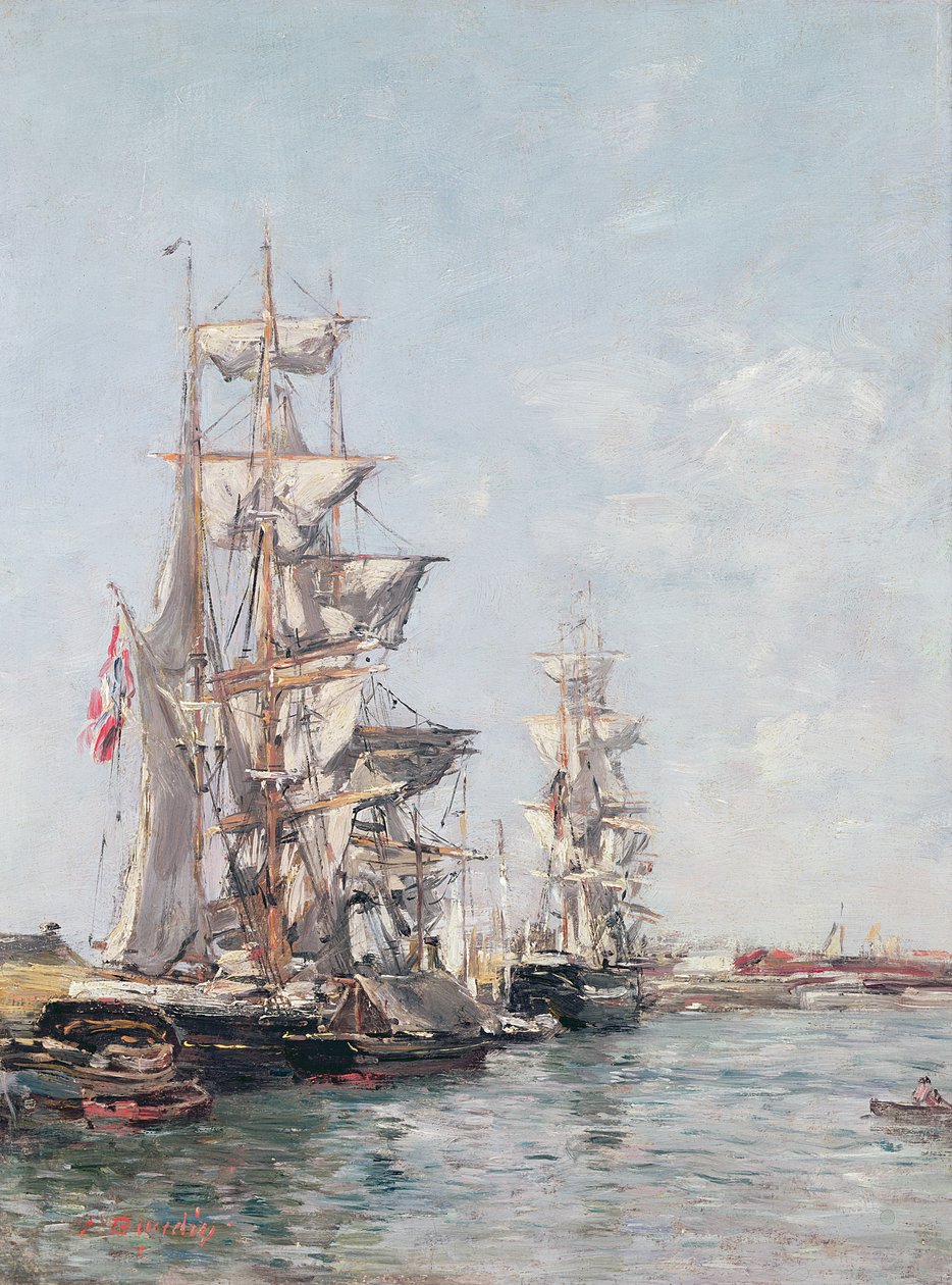 Dreimastboote am Kai im Hafen von Deauville, ca. 1888-89 von Eugene Louis Boudin