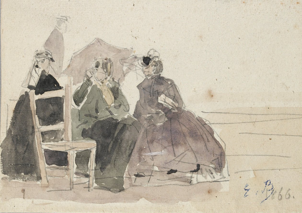 Drei Frauen sitzen auf Stühlen am Strand von Eugene Louis Boudin