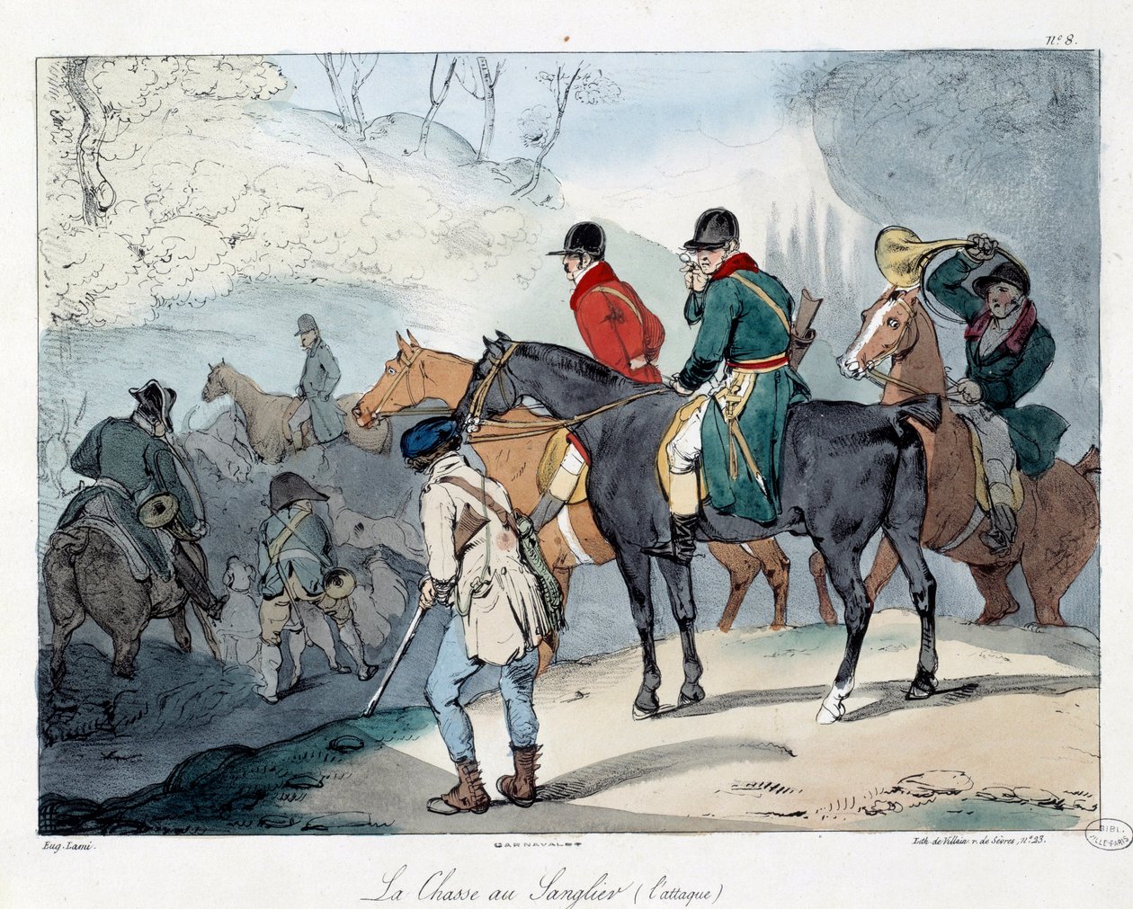 Wildschweinjagd. Illustration des Buches „La vie de château“. Gravur von Eugène Louis Lami (1800-1890) von Eugene Louis Lami
