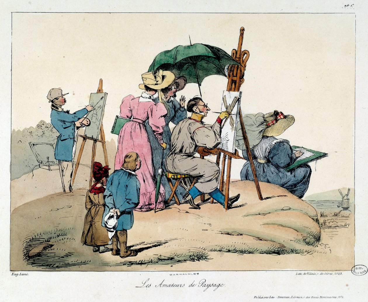 Landschaftsliebhaber. Präsentierte Maler versammeln sich, um eine maritime Landschaft zu malen. Illustration aus dem Buch La Vie de Château von Eugene Louis Lami