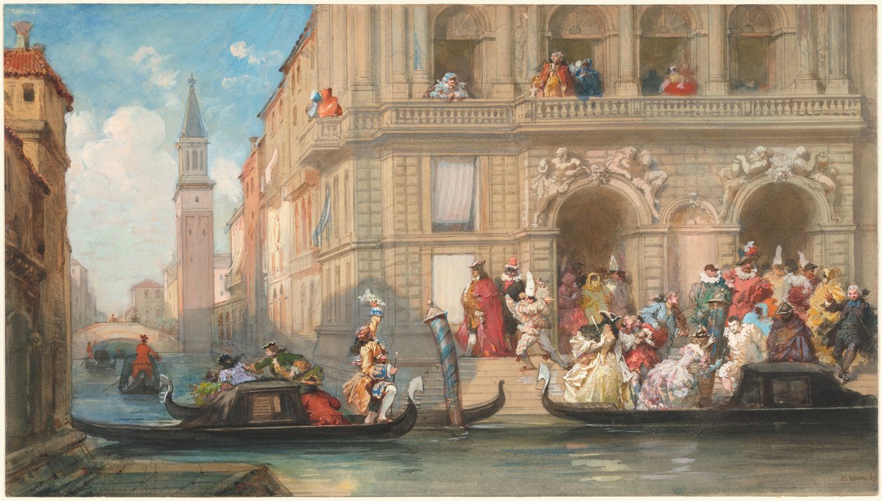 Maskierte, die Gondeln vor einem venezianischen Palazzo besteigen von Eugene Louis Lami
