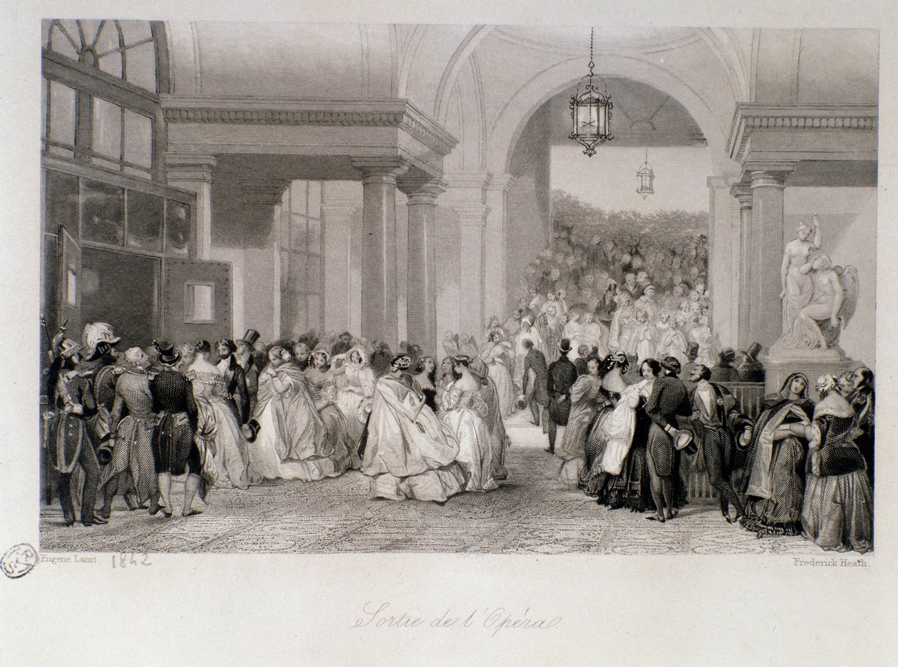 Das Publikum bei der Premiere der Oper in Paris. Gravur von Eugène Louis Lami (1800-1890) 1842. Private Sammlung von Eugene Louis Lami