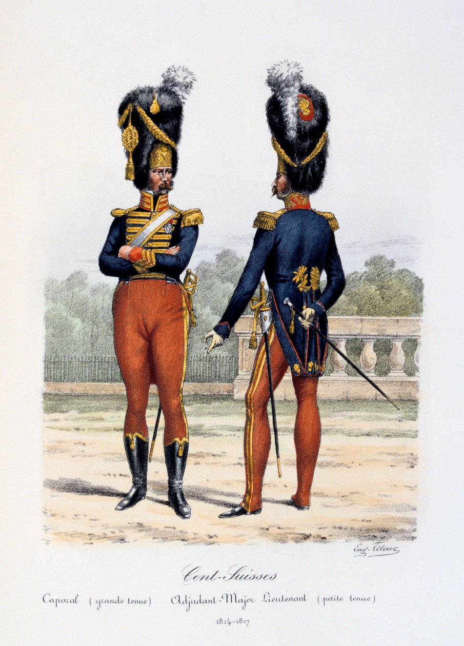 Cent-Suisses, Caporal große Uniform, Adjutant-Major Leutnant kleine Uniform, 1814-17 von Eugene Titeux