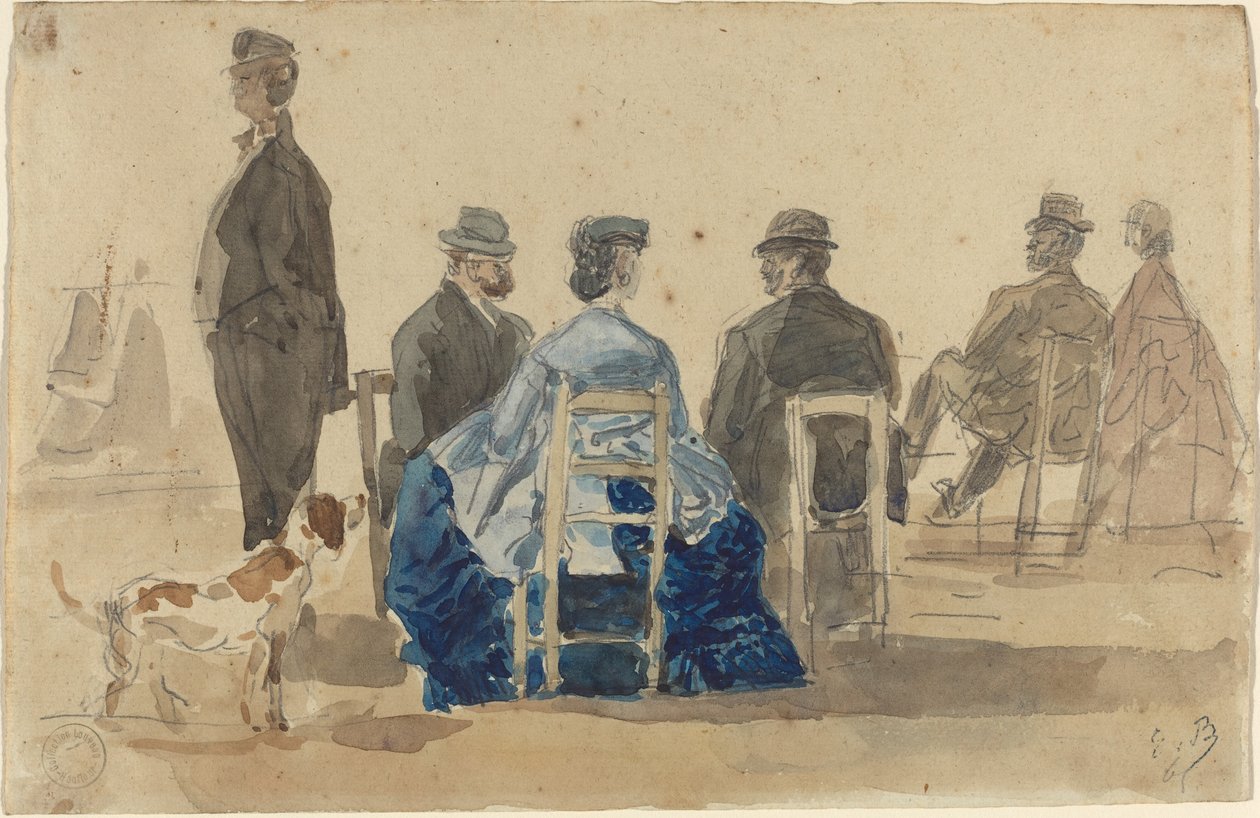 Damen und Herren am Strand mit einem Hund von Eugène Boudin