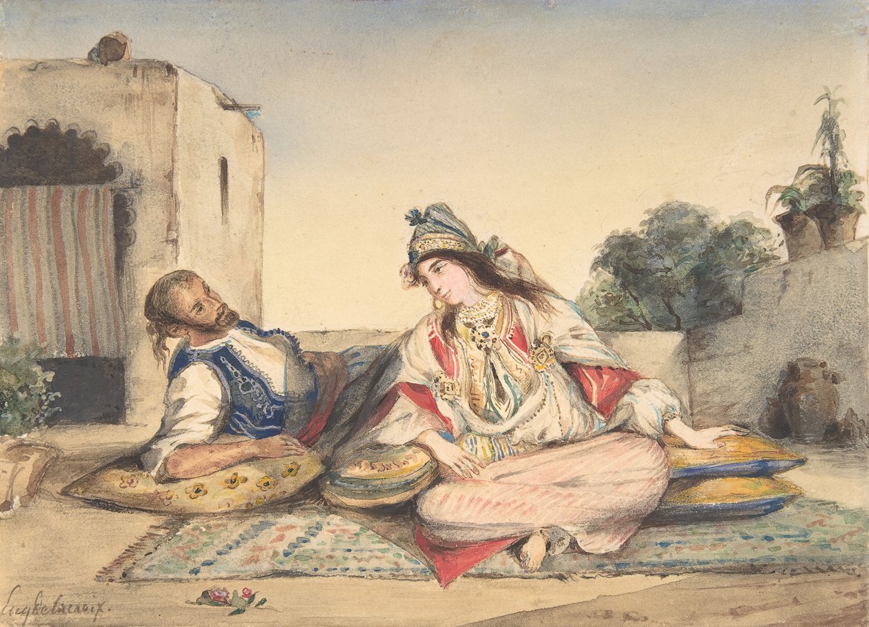 Ein marokkanisches Paar auf ihrer Terrasse, 1832 von Eugène Delacroix