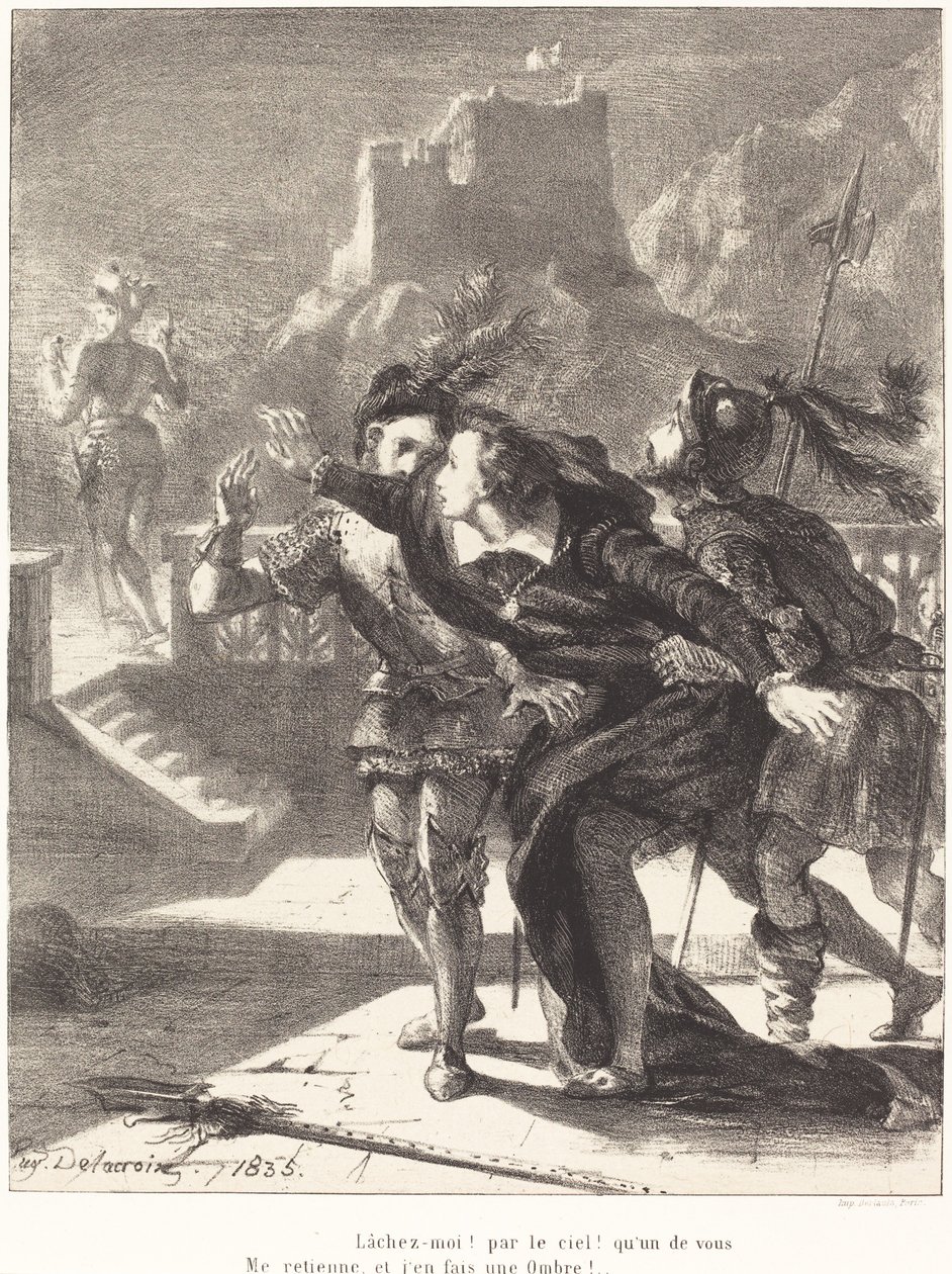 Hamlet möchte dem Geist seines Vaters folgen (Akt I, Szene IV) von Eugène Delacroix