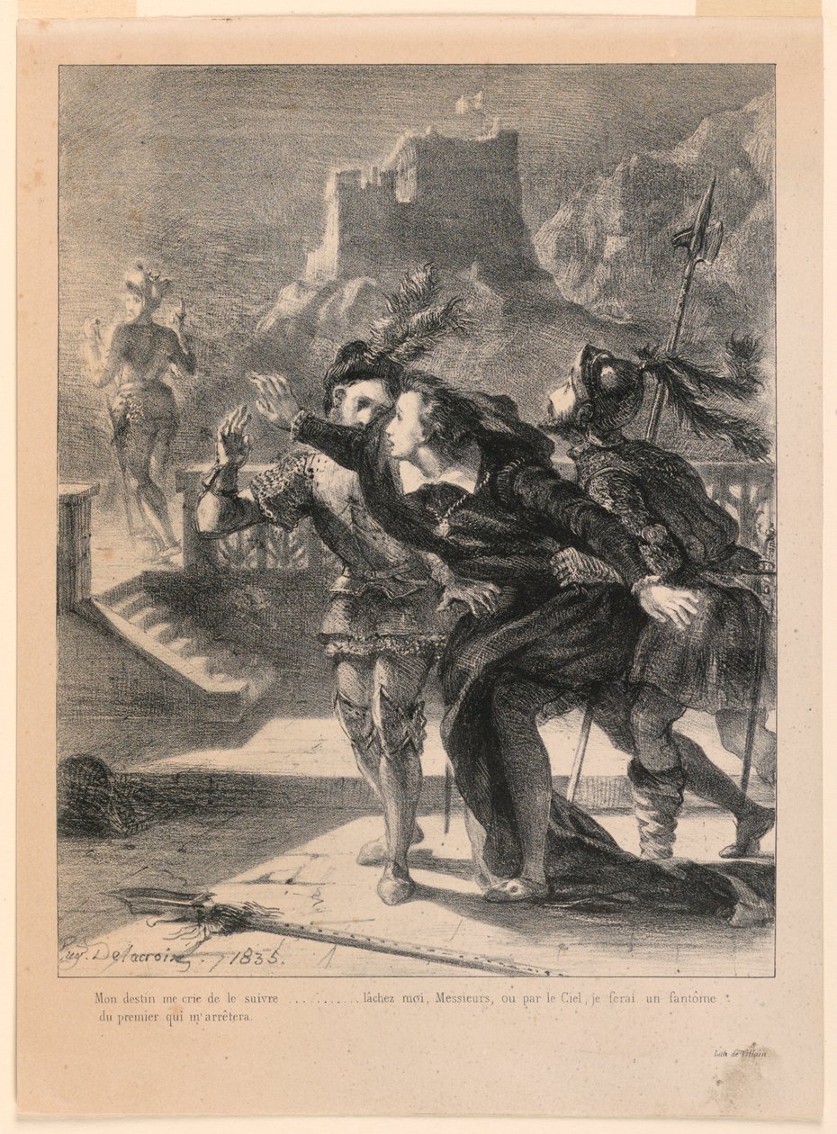 Illustration für Hamlet: Hamlet versucht, dem Geist seines Vaters zu folgen (I,4) von Eugène Delacroix
