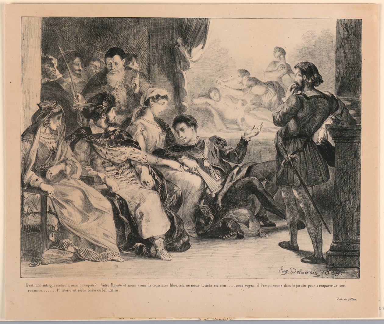 Illustration für Hamlet: Die Schauspieler stellen den Tod von Hamlets Vater dar (III,2) von Eugène Delacroix