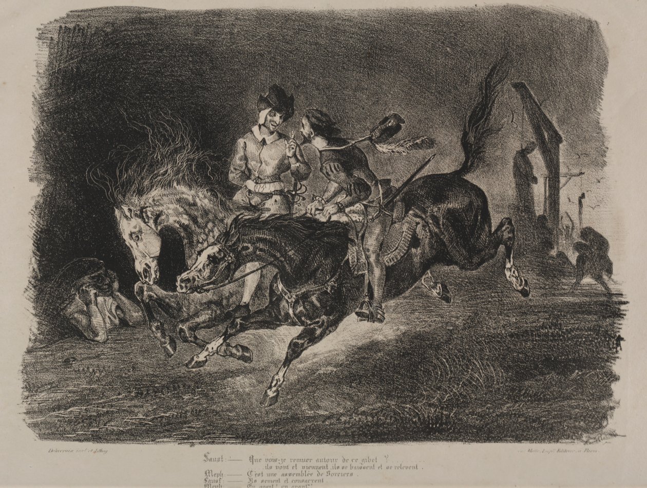 Illustrationen zu Faust: Faust und Mephistopheles reiten auf dem Sabbat von Eugène Delacroix