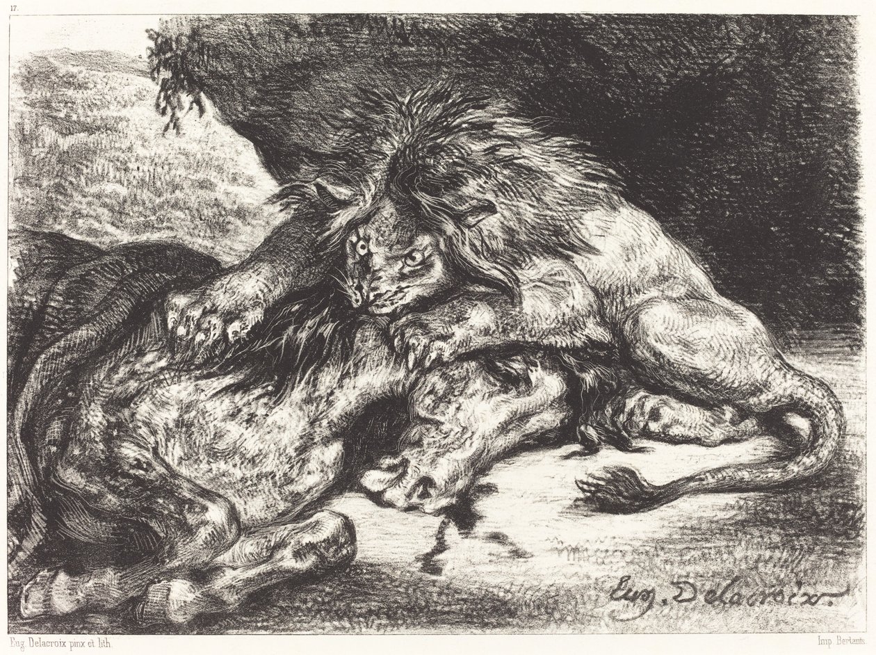 Löwe verschlingt ein Pferd von Eugène Delacroix