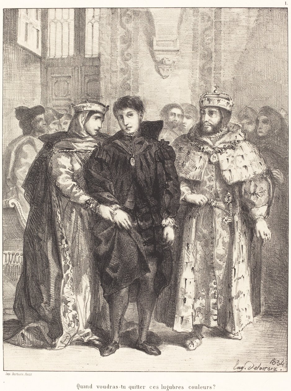 Die Königin versucht Hamlet zu trösten, Akt I, Szene II von Eugène Delacroix