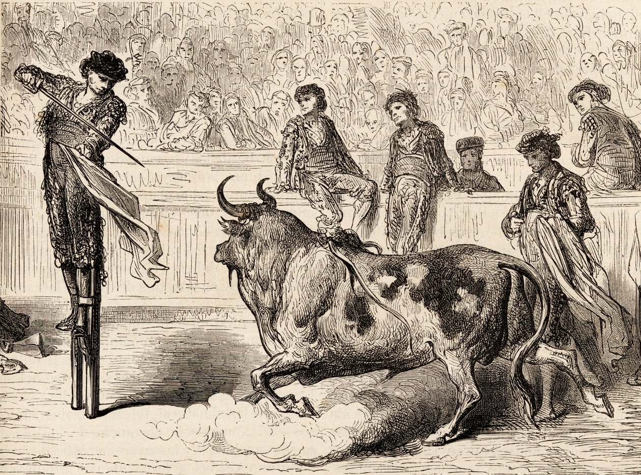 Ein Stierkämpfer auf Stelzen in Sevilla, Spanien, 1878 von European School