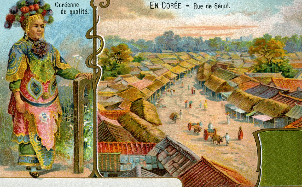Eine koreanische Dame in traditioneller Kleidung und eine Straßenszene in Seoul, 1904 von European School