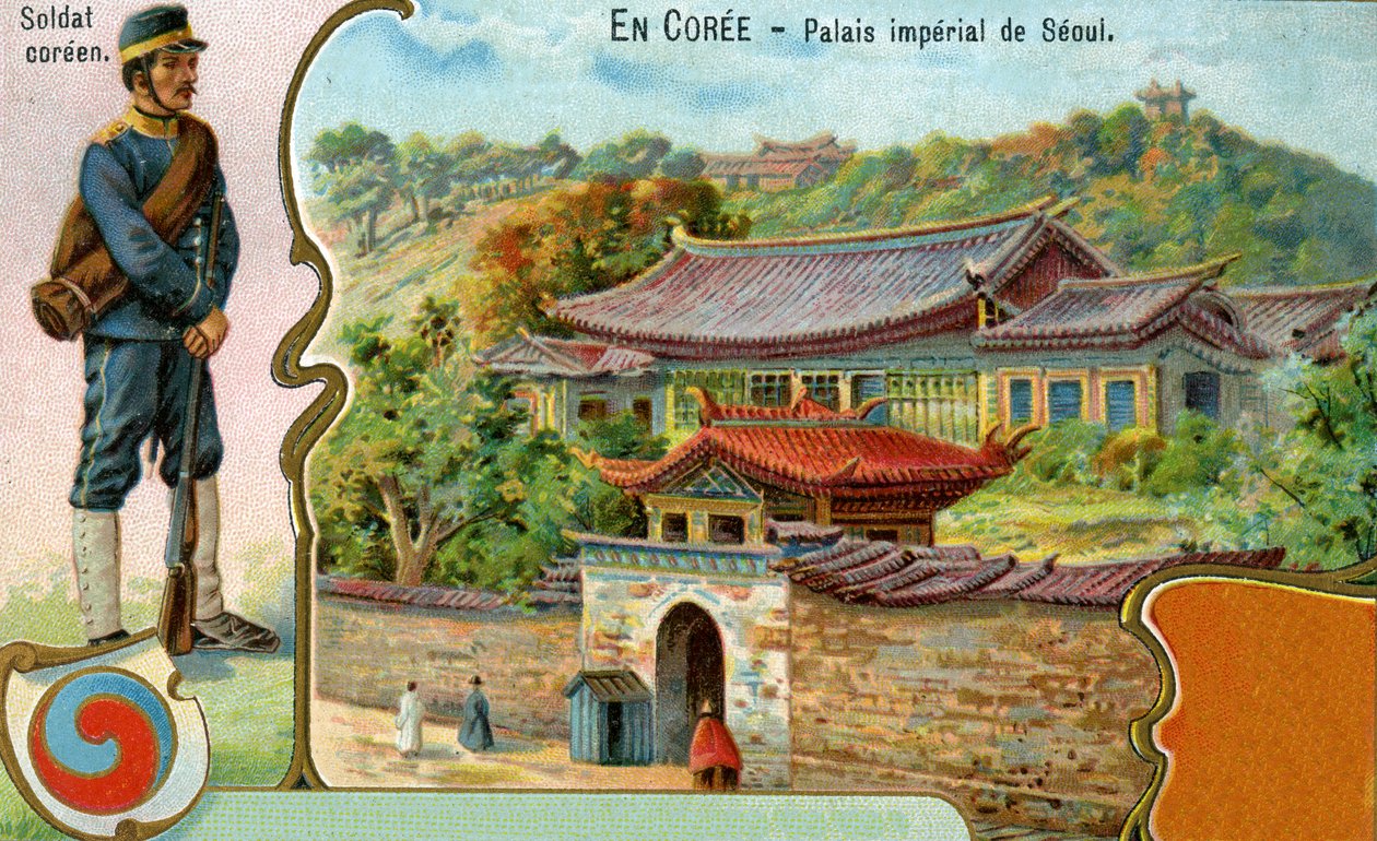 Ein koreanischer Soldat, das koreanische Symbol des Taegeuk und eine Ansicht des Kaiserpalastes in Seoul, 1904 von European School